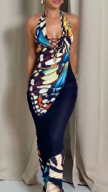 Women Neck Strap Printed Slim Fit Sexy Temperament Dress