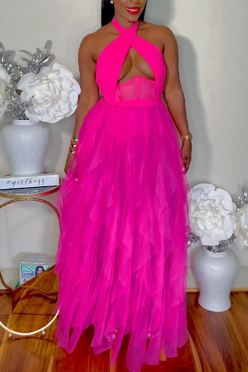 Women's Barbie Style Fuchsia Halter Gown with Keyhole Cutout and Tulle Skirt