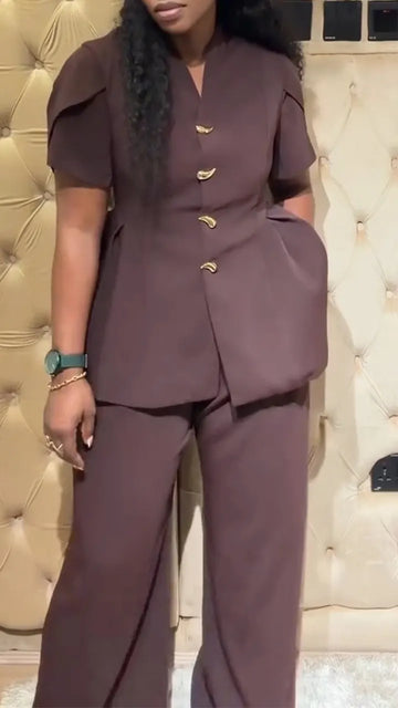 Womens V-neck Top + Pants Casual Outfit with Temperament
