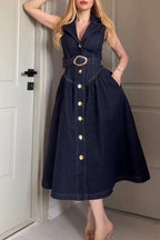 Women's Elegant Lapel Button Front Denim Dress with Belt