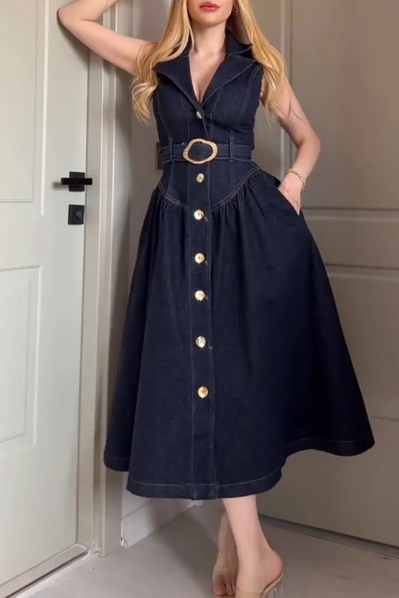 Women's Elegant Lapel Button Front Denim Dress with Belt