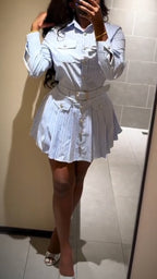 Women Collar Button Up Shirt + Half Skirt Casual Set