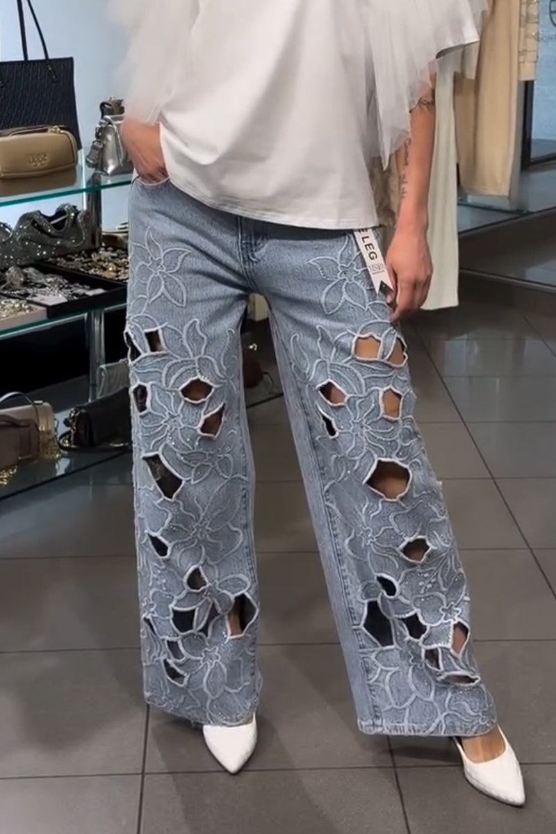 Women's Casual Round Neck Patchwork Mesh Top or Patterned Hollowed Out Jeans