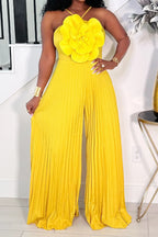 Women's Bright Yellow Halter Jumpsuit with Large 3D Flower and Pleated Pants