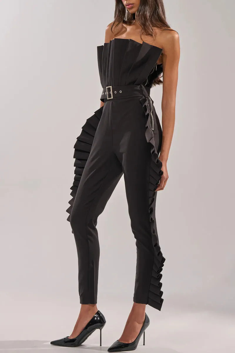 Women's Structured Pleated Trim Strapless Jumpsuit With Waist Belt