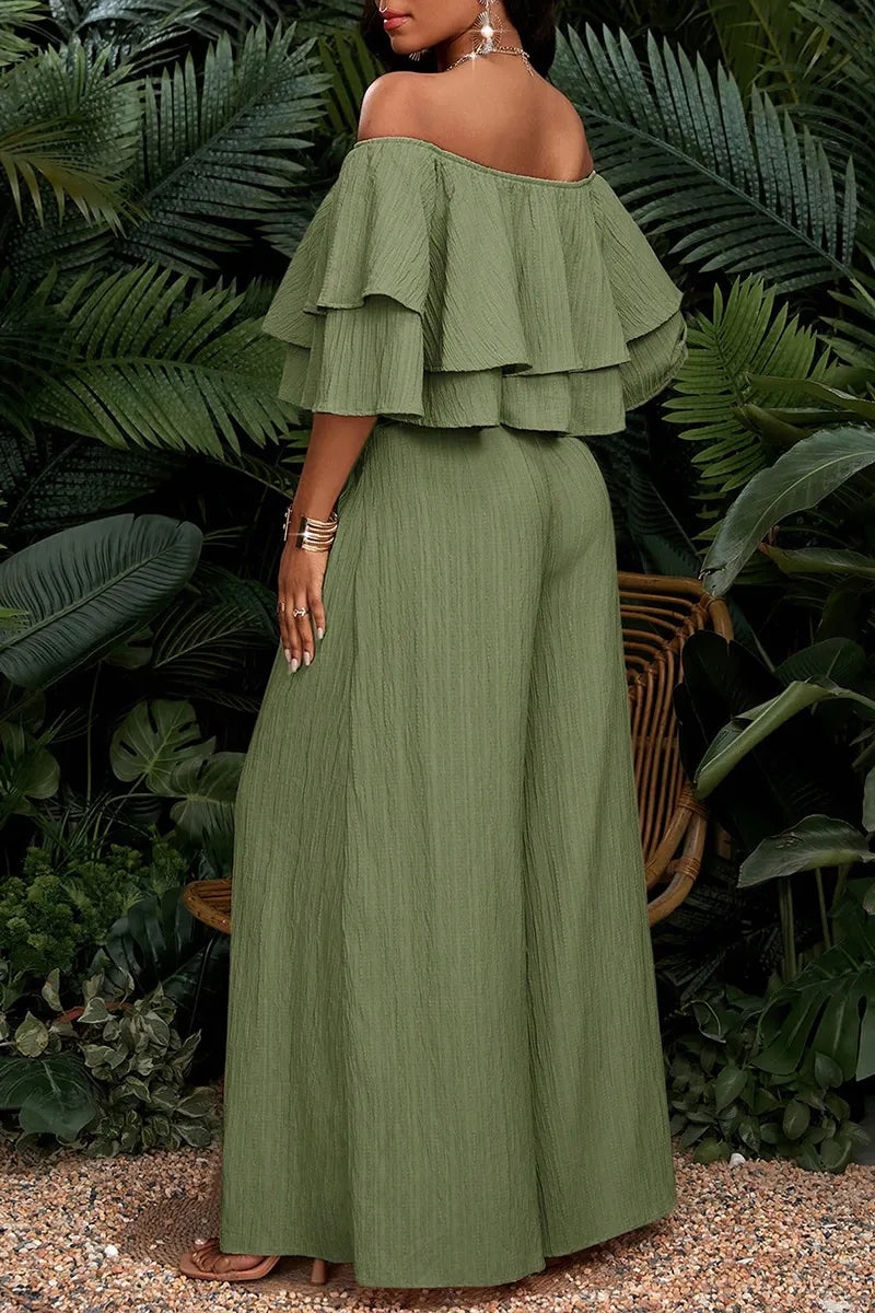 Women's Crinkle Textured Off Shoulder Double Tier Ruffle Crop Blouse Or High Waist Loose Flow Crinkle Wide Leg Palazzo Pants