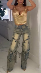 Women Neck Hanging Top+ Rhinestone Spliced Jeans Sexy Temperament Set