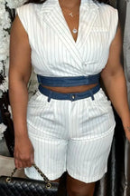 Women's White Thin Stripe Lapel Wrap Sleeveless Cropped Blazer Vest Or High Waist Pleated Striped Bermuda Shorts With Denim Waistband