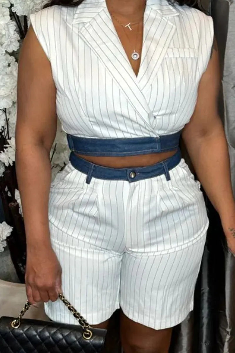 Women's White Thin Stripe Lapel Wrap Sleeveless Cropped Blazer Vest Or High Waist Pleated Striped Bermuda Shorts With Denim Waistband