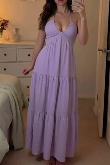 Women's Lace Up Low Neck Long Vacation Dress