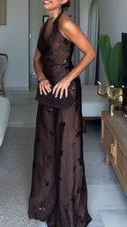 Womens Neck Hanging Sequin Patchwork Top + Wide Leg Pants Casual Set with Temperament