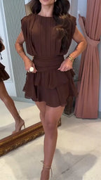Womens Round Neck Patchwork Waist Cinching Elegant Temperament Dress