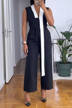 Women's Tailored Wide-Leg Cropped Jumpsuit with White Lapel Trim