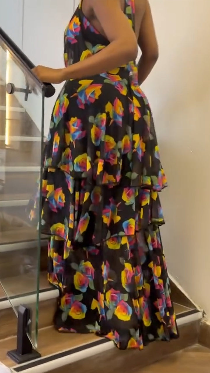 Womens Neck Hanging Sleeveless Printed Patchwork Elegant Temperament Dress