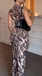 Women Round Neck Printed Waist Cinching Temperament Casual Dress