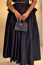 Women's lack Satin Puff Sleeve Keyhole Crop Top Or High Waist Tiered Ruffle Balloon Maxi Skirt