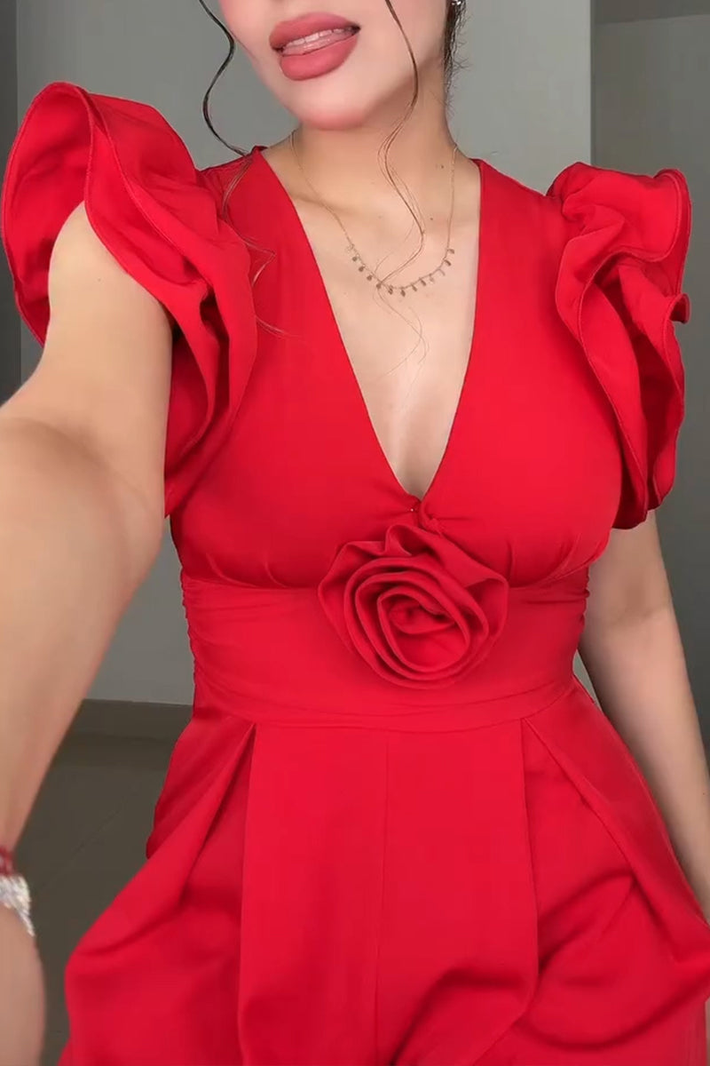 Women's Bestseller Elegant Flounce Sleeve V Neck Wide Leg Jumpsuit