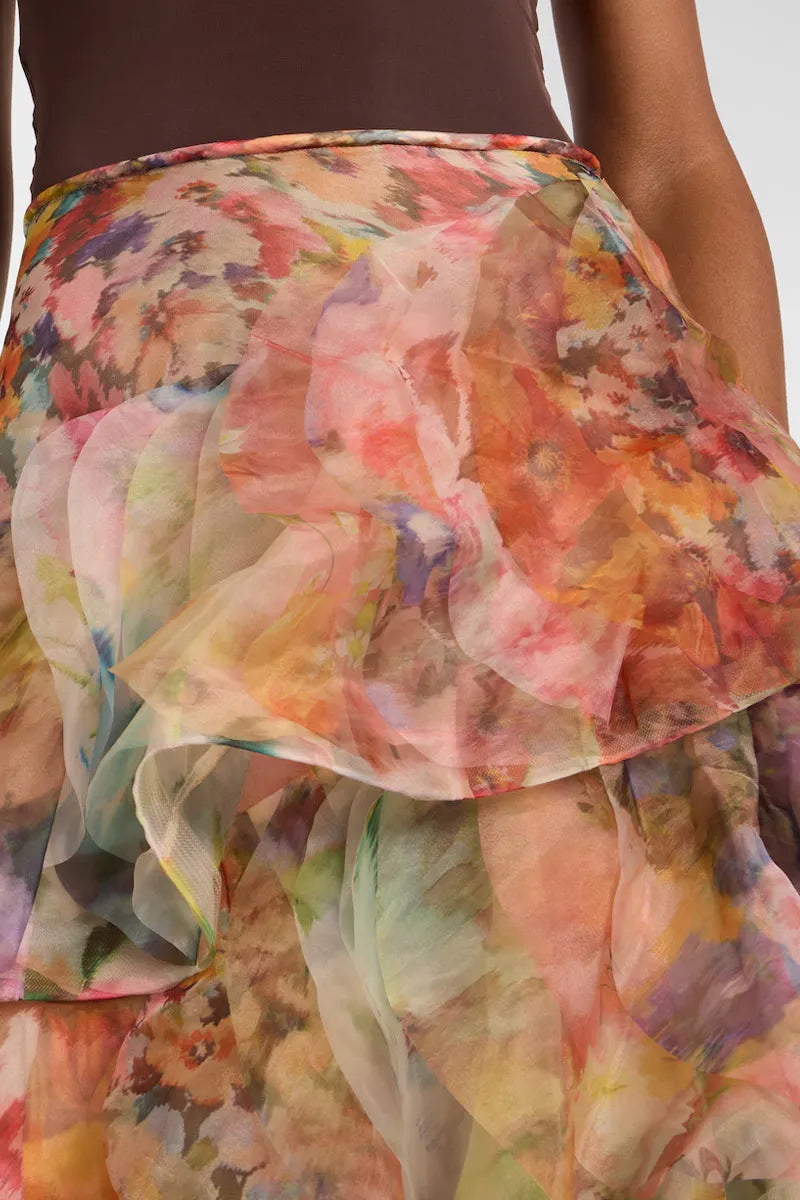 Women Watercolor Floral Print Organza Multi Layer Ruffle Asymmetrical Midi Skirt