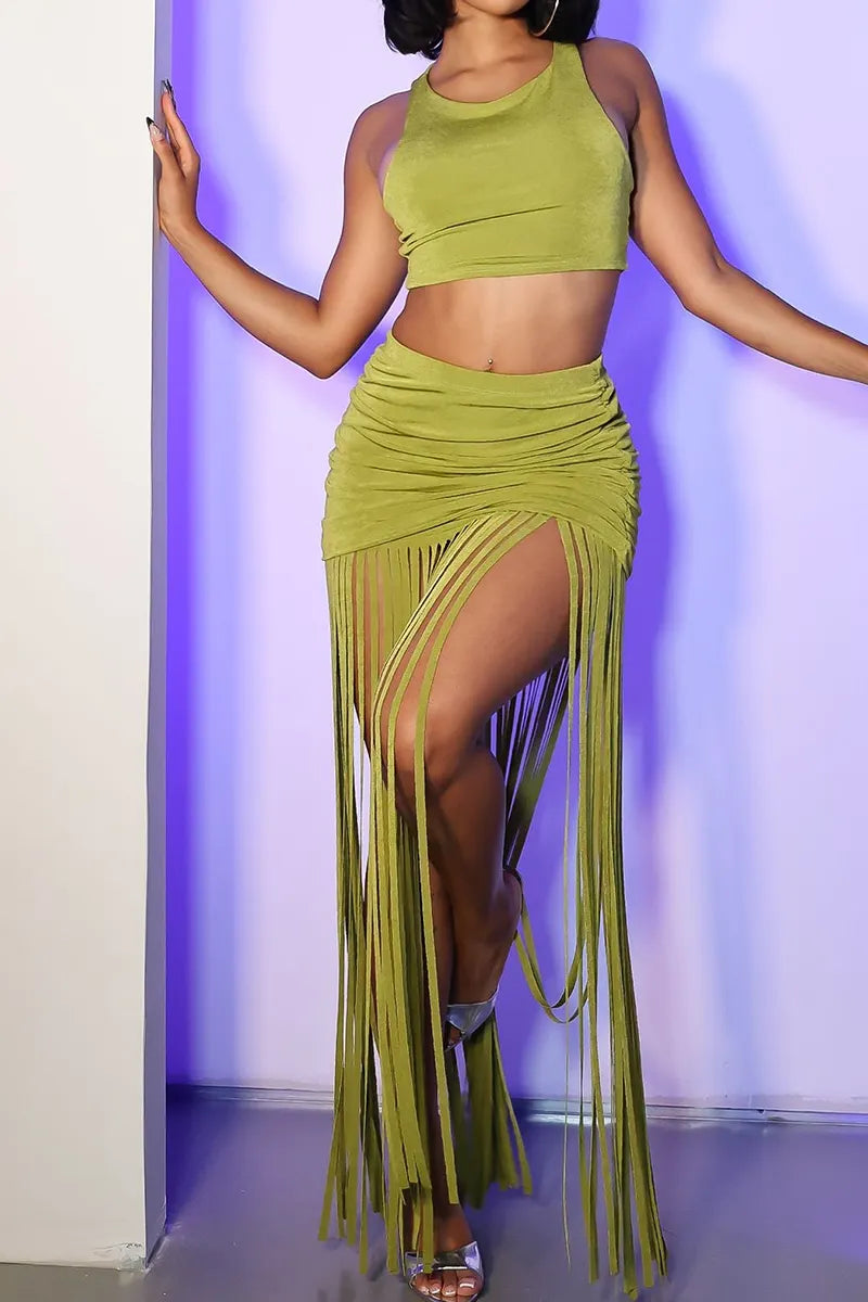 Women's Tight Fitting Vest Vacation Top Or Fringe Fitted Skirt