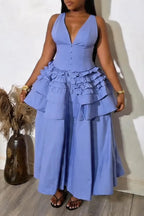 Women's Elegant V Neck Tiered Flounce-Hem Dress