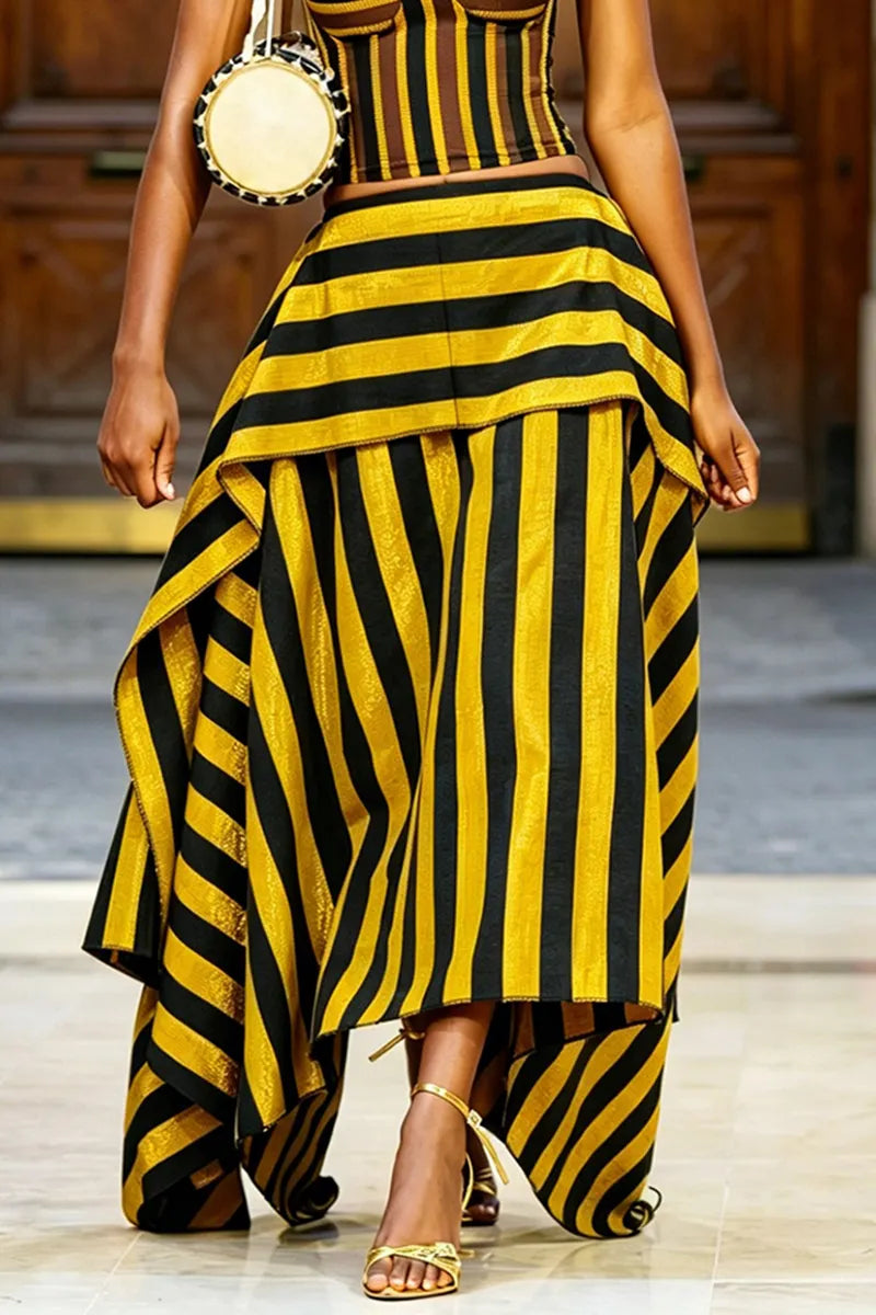 Women's Fashion Stripe Vest & Tiered Asymmetric Hem Skirt