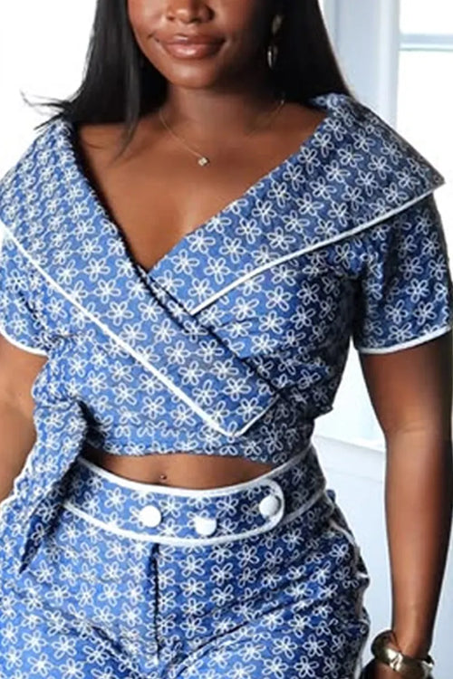 Ladies' Hot Selling Elegant Floral Printed Tops And Shorts