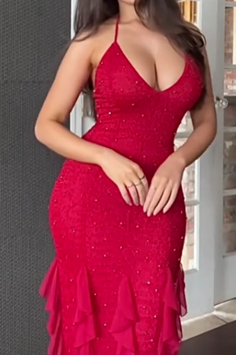 Women's Sleeveless Beaded Backless Slit Bodycon Long Party Dress