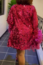 Women's Fashion Party Sequin Feather Cuff Trim Mini Dress