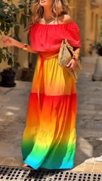 Women One Piece Collar Splicing Vacation Leisure Style Colorful Maxi Dresses