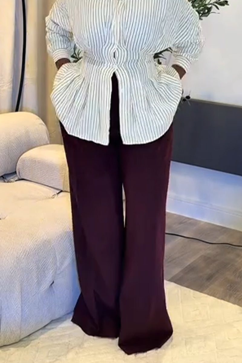 Women Collar Vertical Stripe Casual Shirt or Wide Leg Pants
