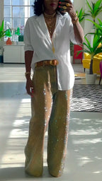 Womens Collar Solid Color Shirt + Rhinestone Jeans