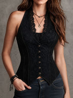 Retro Elegant Black Lace Button-Front Halter Corset Vest