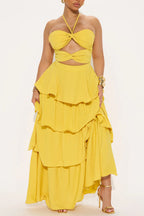 Women's Boho Halter Cutout Waist Layered Maxi Dress