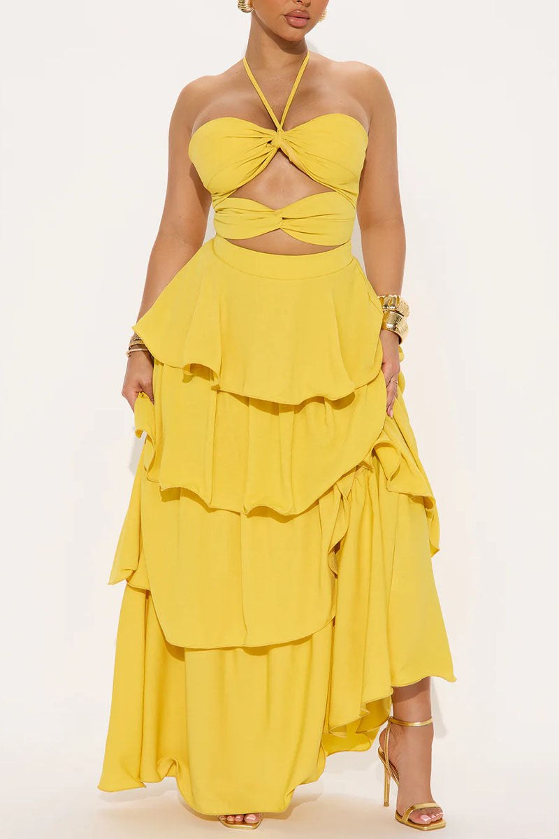 Women's Boho Halter Cutout Waist Layered Maxi Dress