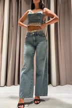 Women Sexy Casual Camisole Patchwork Top or Washed Wide Leg Jeans