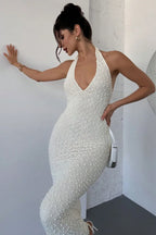 Women French Elegant Halter Neck Bodycon Maxi Dress