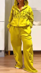 Womens Hooded Printed Jacket+ Pants Casual Set