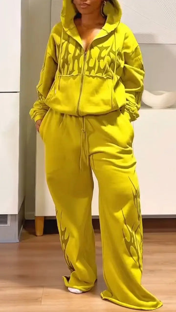 Womens Hooded Printed Jacket+ Pants Casual Set