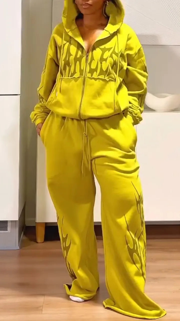 Womens Hooded Printed Jacket+ Pants Casual Set