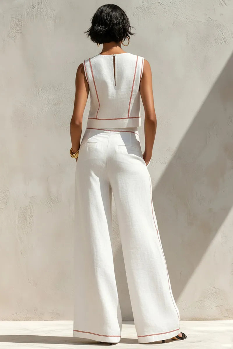 Women's Round Neck Sleeveless Red Contrast Stitch Cropped Linen Vest Or Relaxed Full Length Outline Stitch Linen Wide Leg Trousers