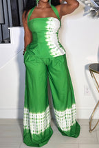 Women's Casual Green Tie-Dye Co-Ord Set: Halter Corset Top or  Wide Leg Pants