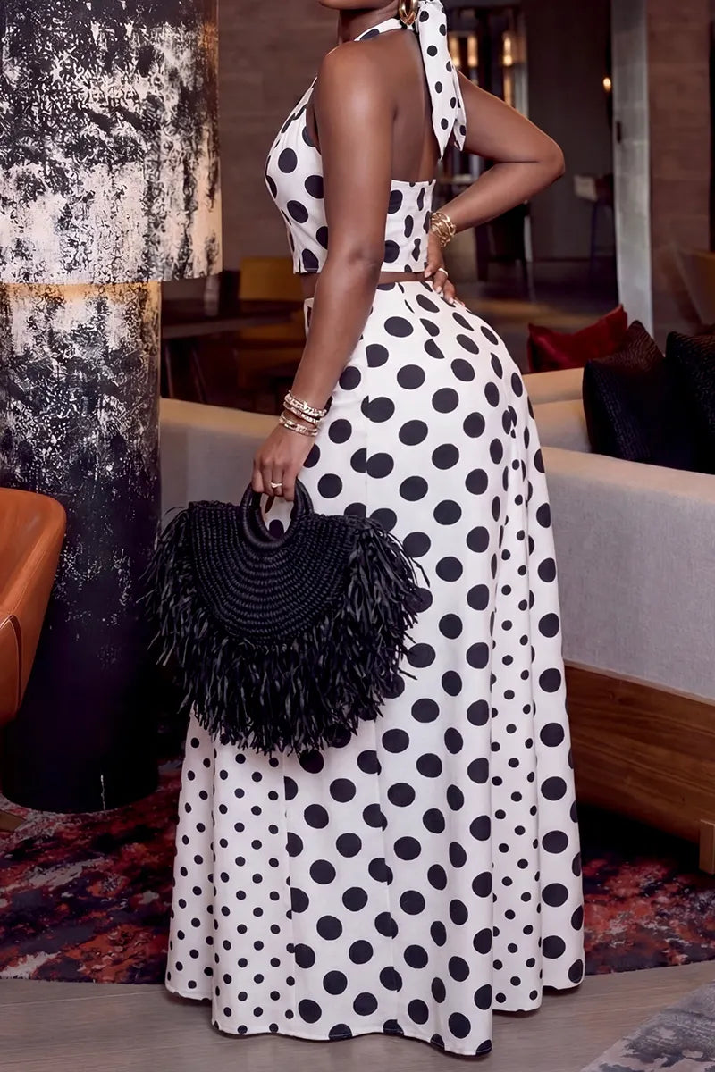 Women's Retro Polka Dot Co-Ord Set with Halter Neck Top or Flared Maxi Skirt
