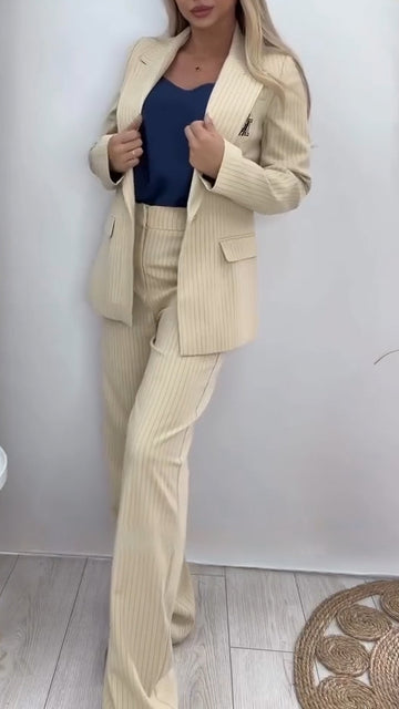 Women Collar Vertical Stripe Temperament Commuting Suit