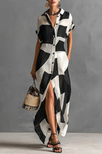 Women's Casual Black White Abstract Geometric Print Cap Sleeve Button Front Maxi Shirt Dress