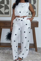 Women's Printed Tie Waist Ruffled Hem Short Top For Commuters Or Printed Pocket Wide Leg Trousers