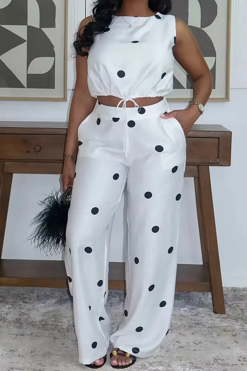 Women's Printed Tie Waist Ruffled Hem Short Top For Commuters Or Printed Pocket Wide Leg Trousers