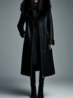 Women Fur Trim Warm Lined Hooded Eco Leather Trench Coat