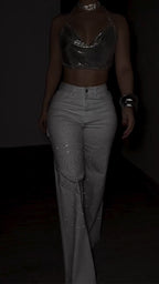 Women Neck Hanging Shiny Top+ Rhinestone Pants Sexy Casual Suit