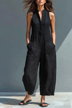 Women's  Casual Solid Black Casual Sleeveless Big Pocket Loose Linen Jumpsuit