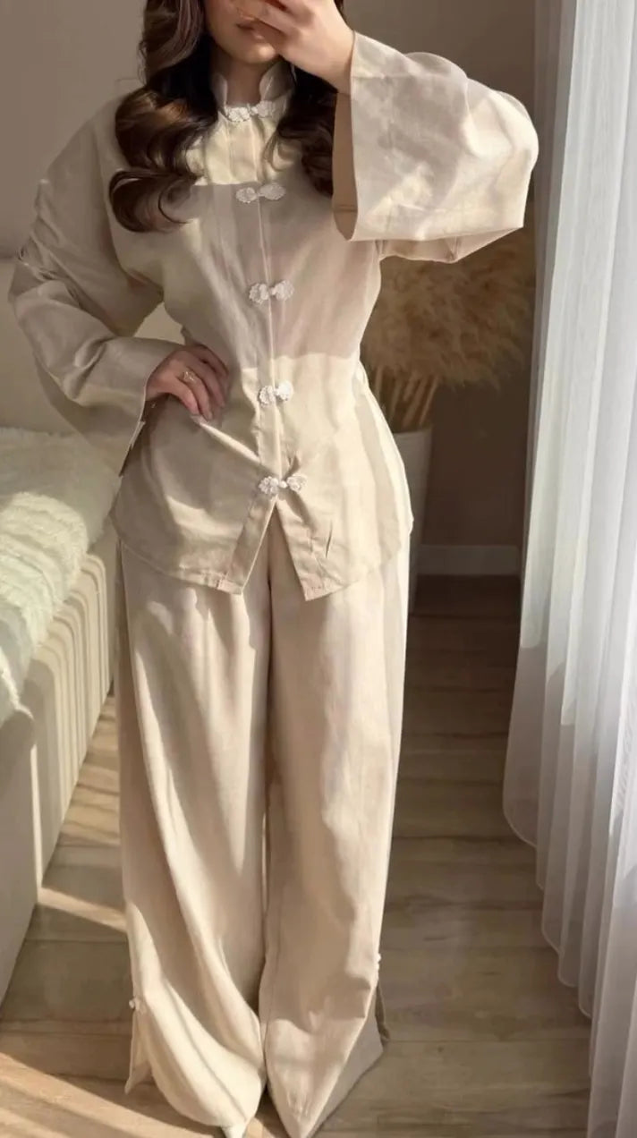 Women Round Neck Breasted Top and Pants New Chinese Casual Suit